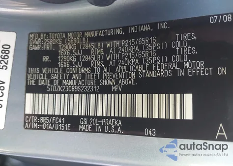 2009 Toyota Sienna Le из США, поврежденный, VIN 5TDZK23C89S232312